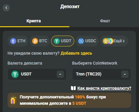 Интерфейс страницы пополнения счета JB COM